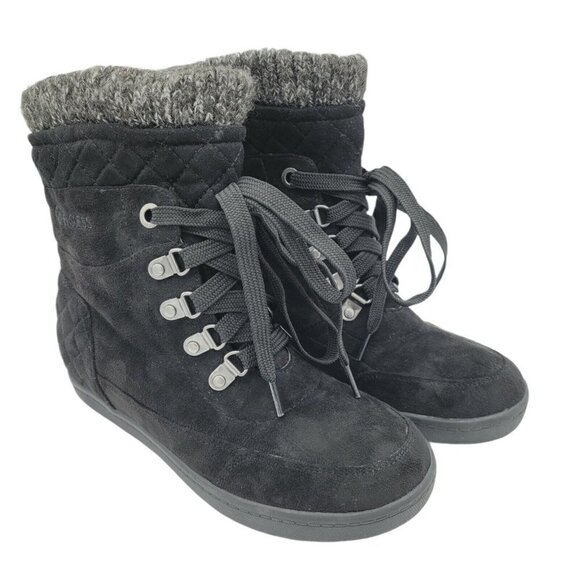 G BY GUESS Sz 6 Black Microsuede Ankle Boots Quilted Heel Lace Up Knitted NWOT - Picture 1 of 6